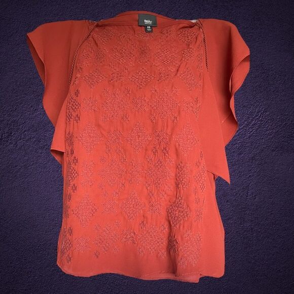 Mossimo Supply Co.Brown embroidery Ruffle sleeves shiny silky top Size S - Picture 2 of 8